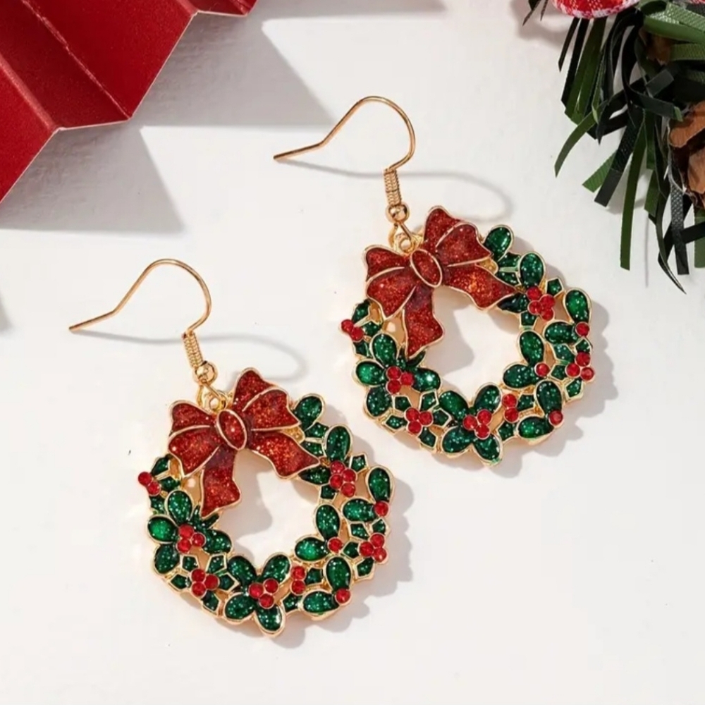 Festive Wreath Earrings with Red and Green Accents